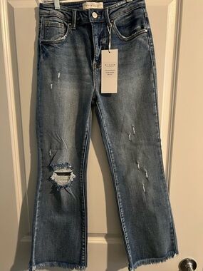 Risen Mid-Rise Distressed Blue Wide-Leg Jeans